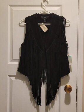 NEW ARRIVAL Black Pigskin Faux Suede Fringed Vest